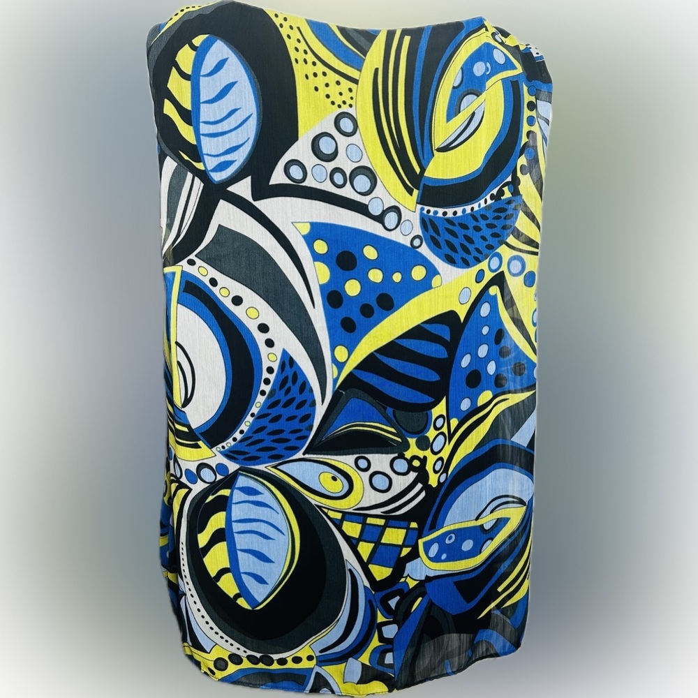 EUC Dana Kay SZ XL Blue/lime/black/gray sleeveless sheer print top/bust 46” - Picture 3 of 6